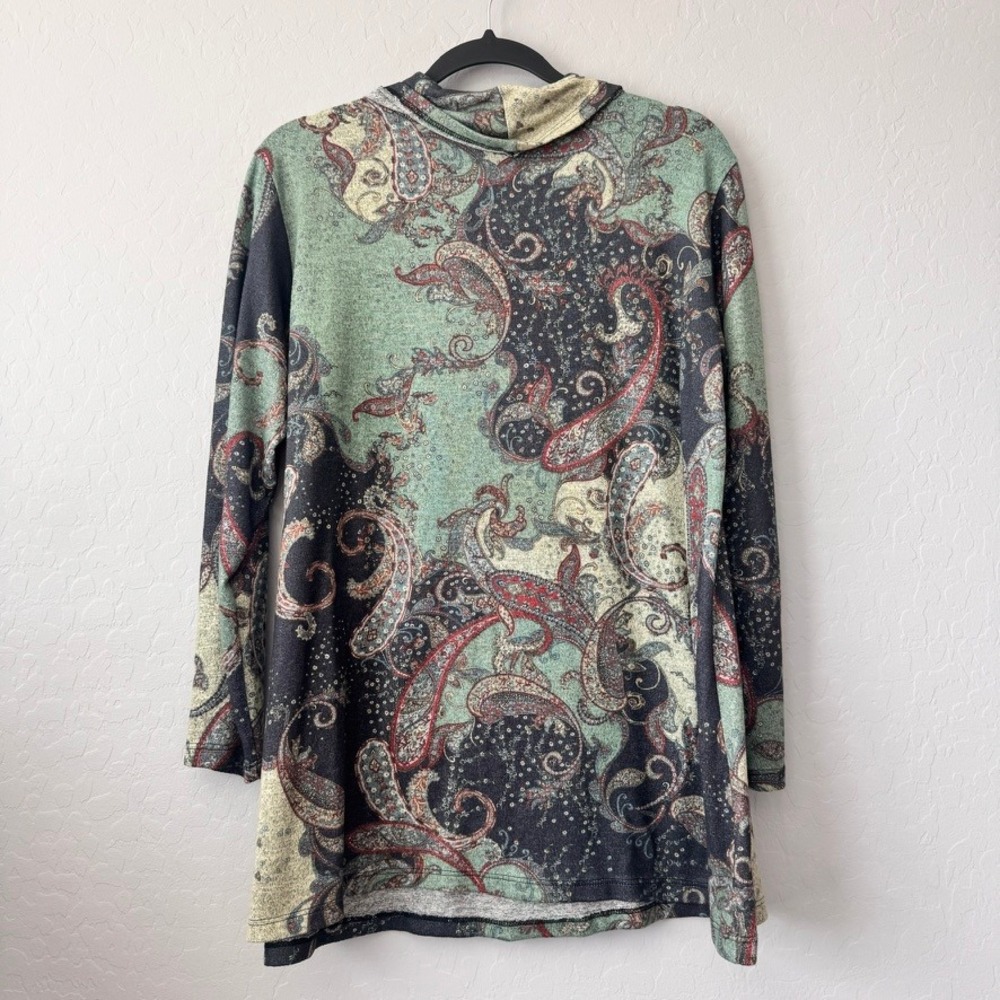 Jess & Jane XL Acorn Tunic Top Green Long Sleeve Paisley Cowl Neck - Picture 6 of 6